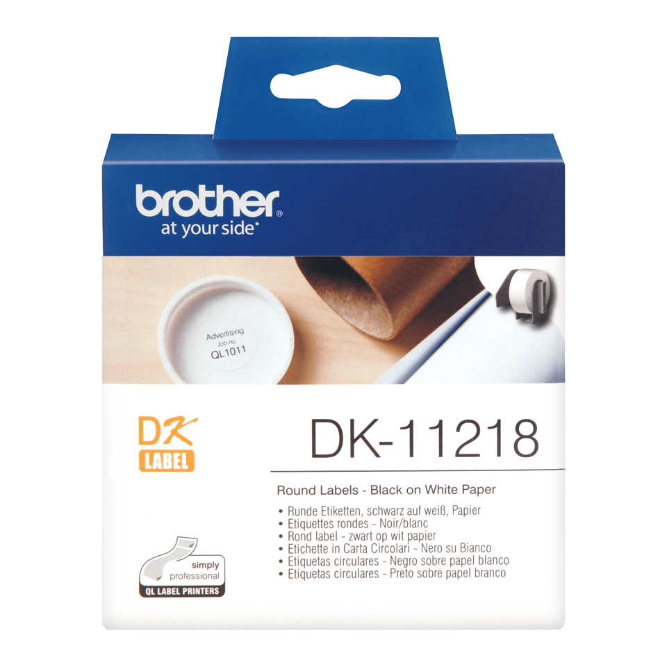Genuine Brother DK-11218 Label Roll – Black on White, 24mm round labels